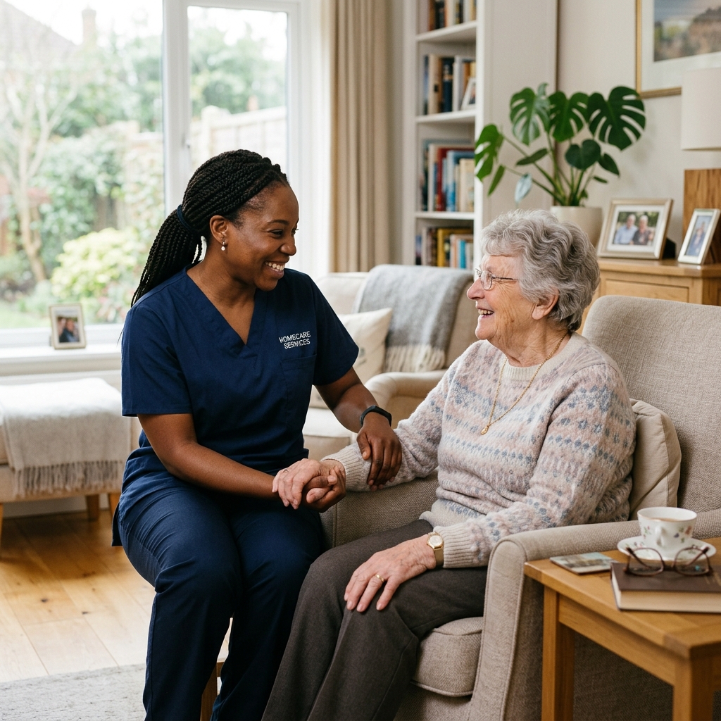 Professional Black caregiver assisting a senior woman